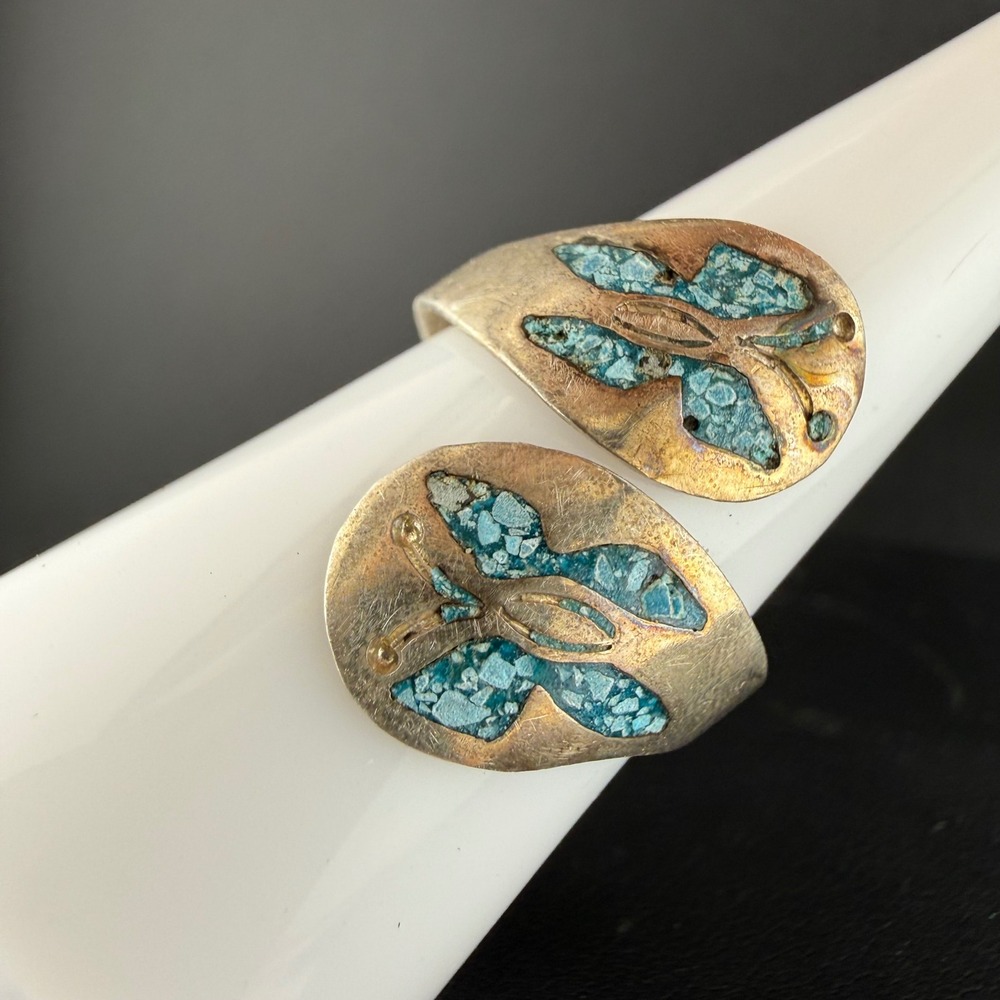 Vintage Taxco Sterling Silver Ring Butterfly Blue Turquoise Chip Inlay 9 - Picture 3 of 10